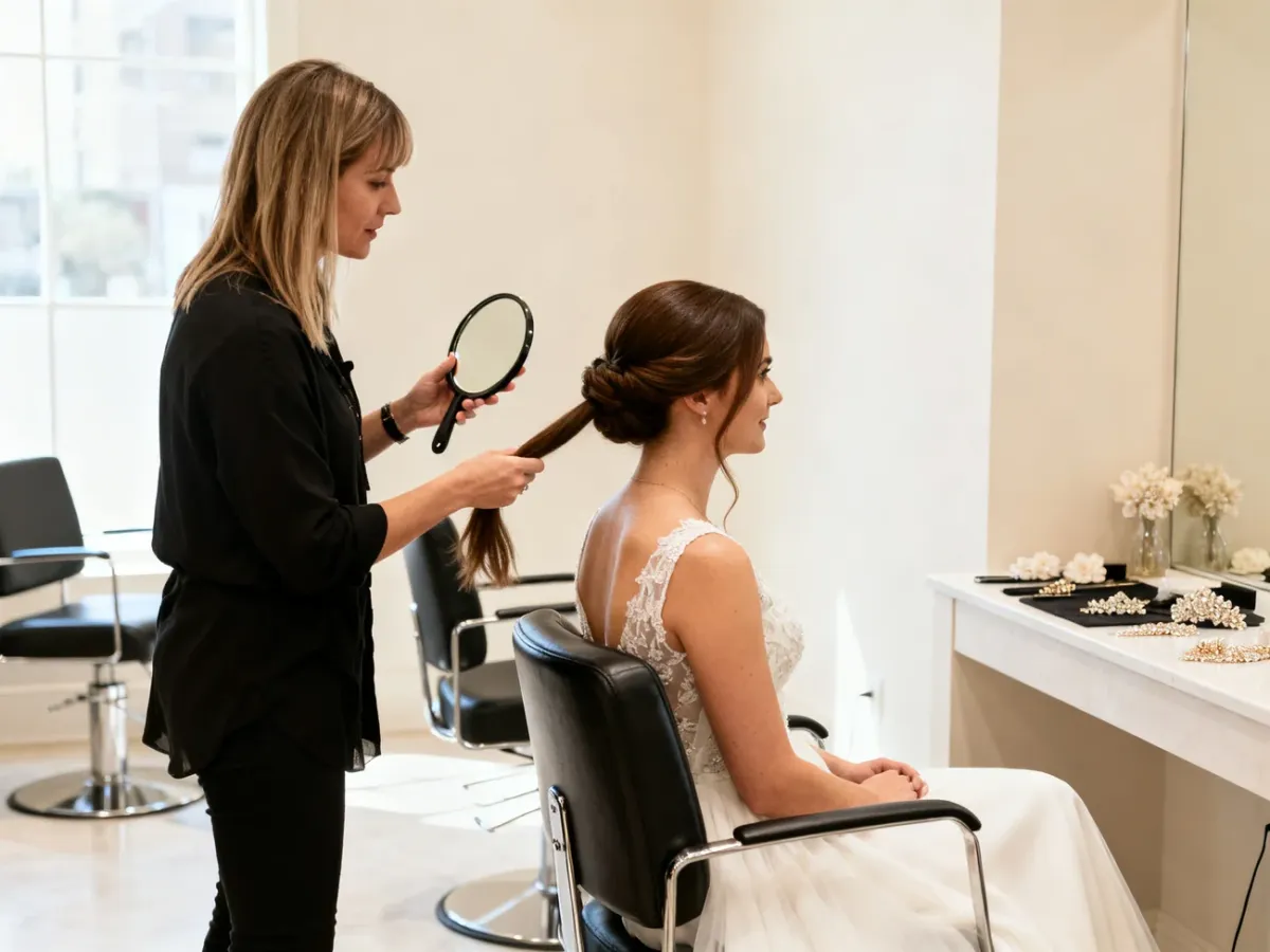 Panna młoda konsultująca fryzurę ślubną ze stylistką w salonie