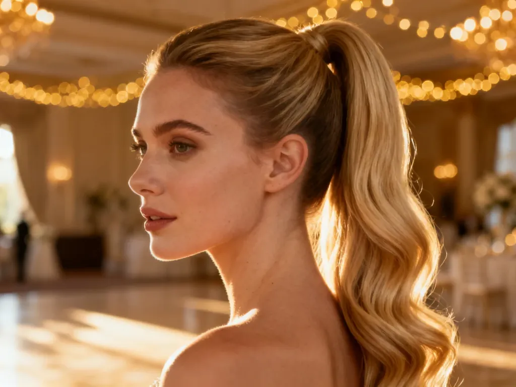 Elegancki, wysoki kucyk z blond falowanych włosów w luksusowym wnętrzu sali weselnej.