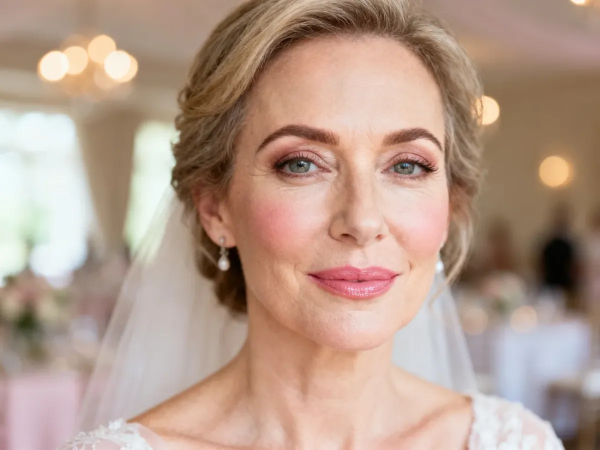 Dojrzała kobieta w eleganckim, lekkim makijażu weselnym
