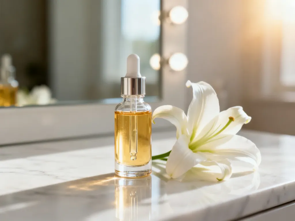 Eleganckie serum do twarzy z białą lilią na marmurowym blacie, symbolizujące profesjonalną pielęgnację cery przed ślubem.