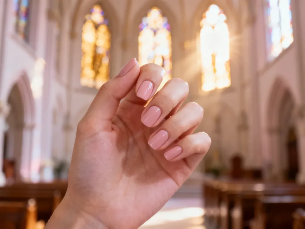 Elegancki, minimalistyczny manicure w odcieniach pudrowego różu i nude, idealny na uroczystość bierzmowania.