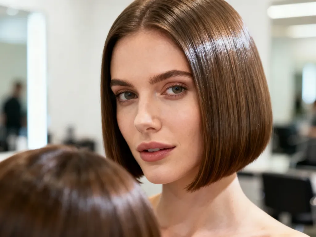 Kobieta z elegancką, lśniącą fryzurą typu bob w nowoczesnym salonie fryzjerskim.