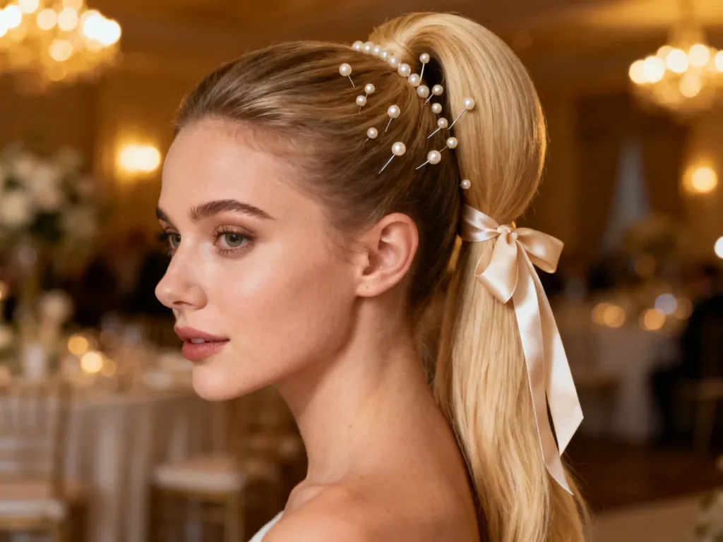 Elegancka wysoka kitka z blond włosów ozdobiona perłami i jedwabną wstążką, idealna na wesele.
