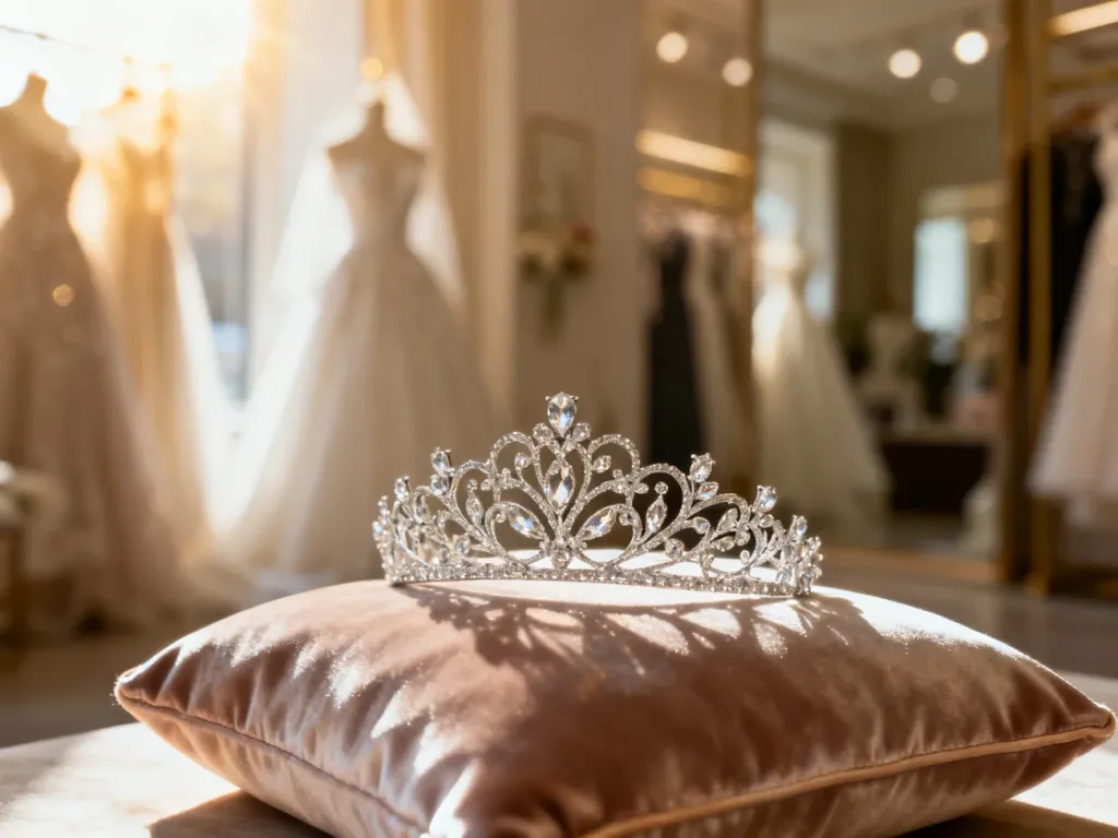 Elegancka korona ślubna ze srebra i kryształów spoczywająca na aksamitnej poduszce w romantycznym atelier.