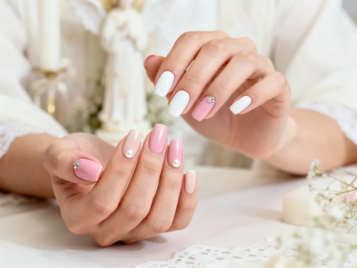 Elegancki delikatny manicure hybrydowy w mlecznych i pastelowych odcieniach z subtelnymi zdobieniami