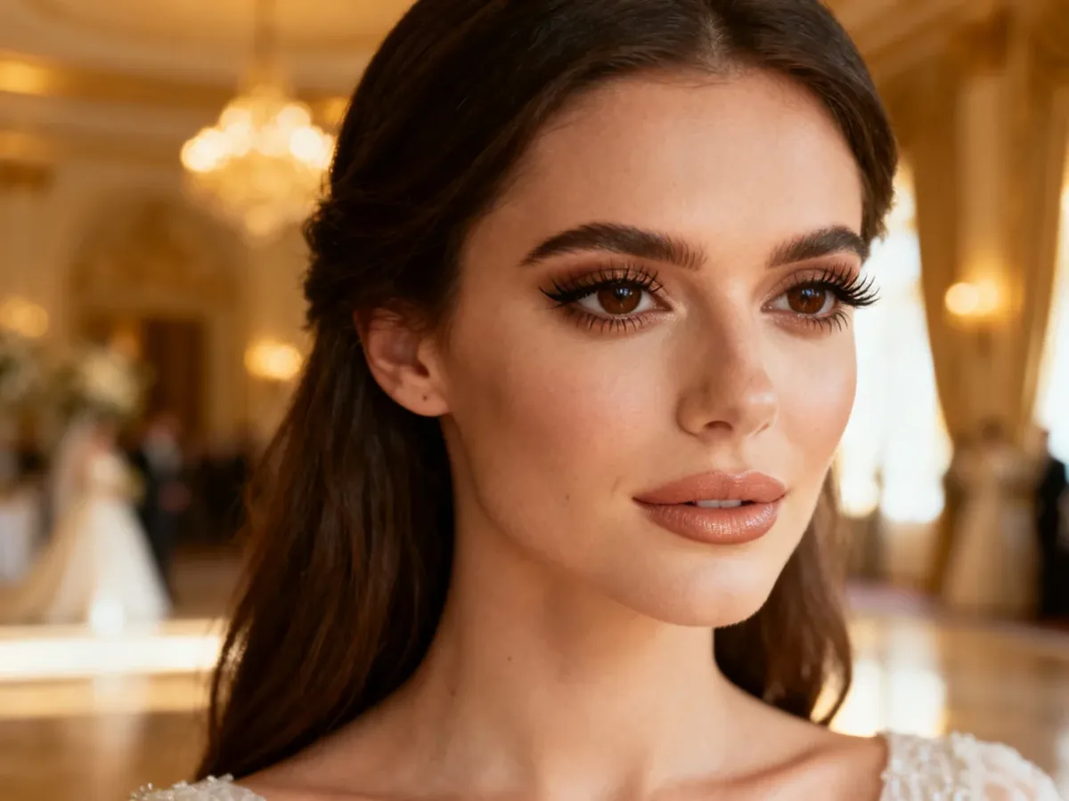 Elegancki makijaż ślubny w stylu soft glam podkreślający brązowe oczy i ciemne włosy panny młodej.