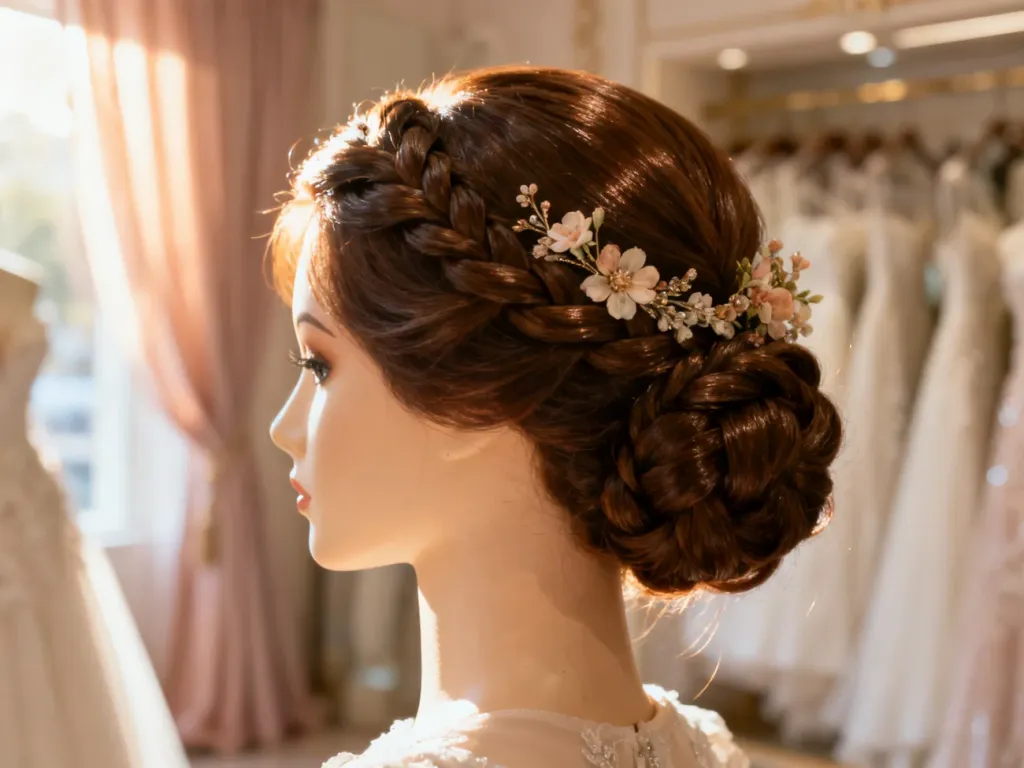 Eleganckie upięcie z warkoczem ozdobione kwiatami, idealne jako inspiracja fryzury ślubnej dla długich włosów.