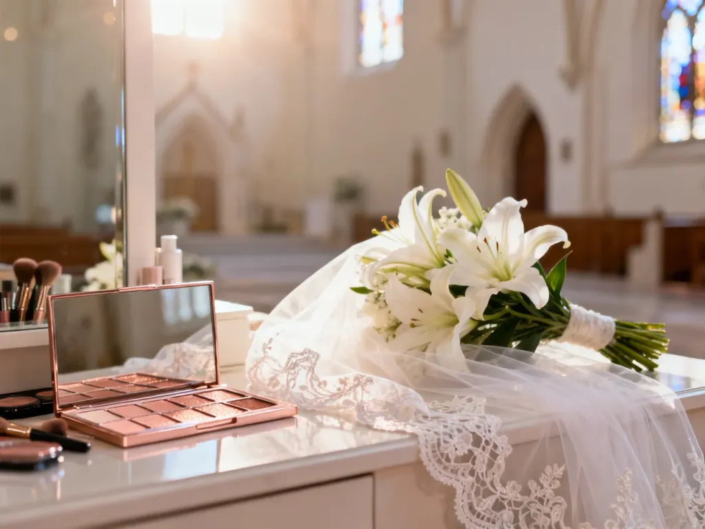 Elegancka toaletka z kosmetykami, welonem i białymi liliami w romantycznym, porannym świetle.
