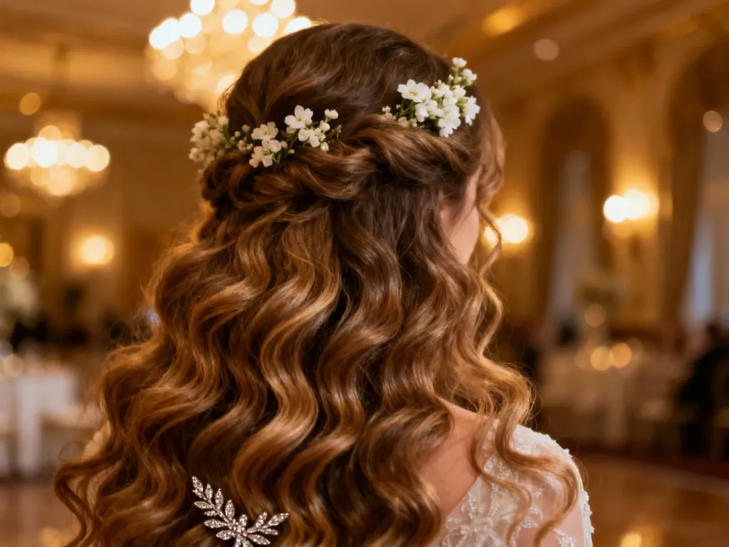 Eleganckie, pofalowane włosy ozdobione drobnymi kwiatami i srebrnym akcentem, idealne jako inspiracja na fryzurę ślubną.