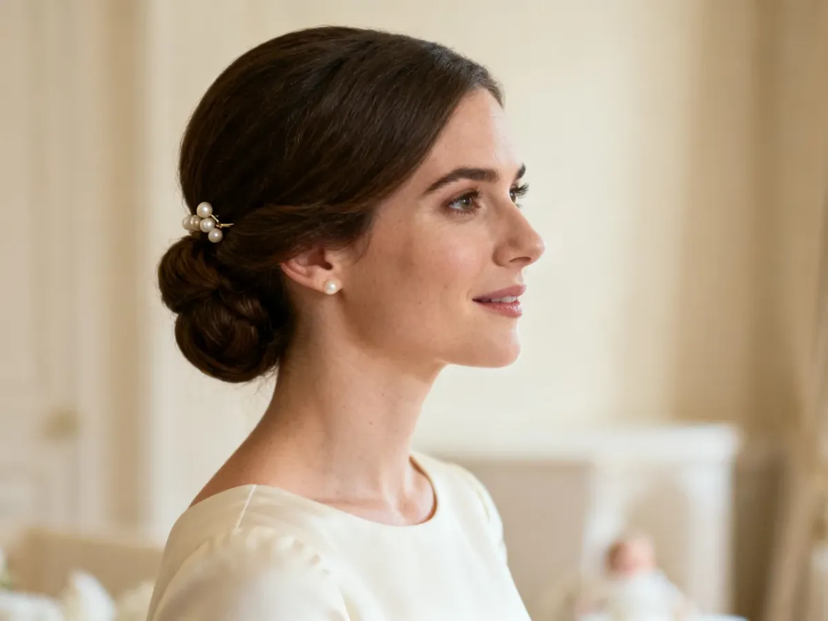 Kobieta z eleganckim niskim kokiem i delikatną perłową spinką