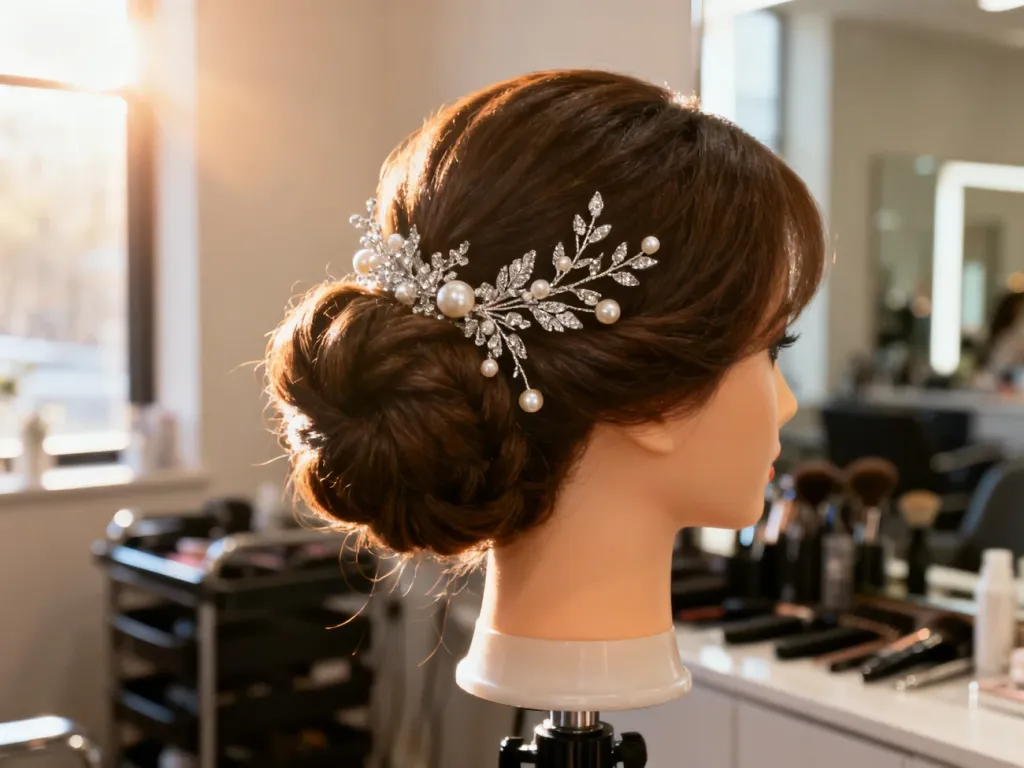 Eleganckie upięcie z perłami i srebrnymi ozdobami na głowie manekina, idealne jako inspiracja fryzury dla mamy na ślub.