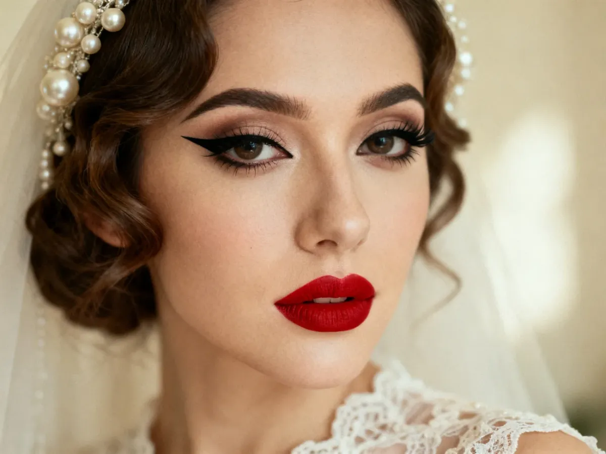 Panna młoda w eleganckim makijażu vintage z czarną kreską i czerwonymi ustami