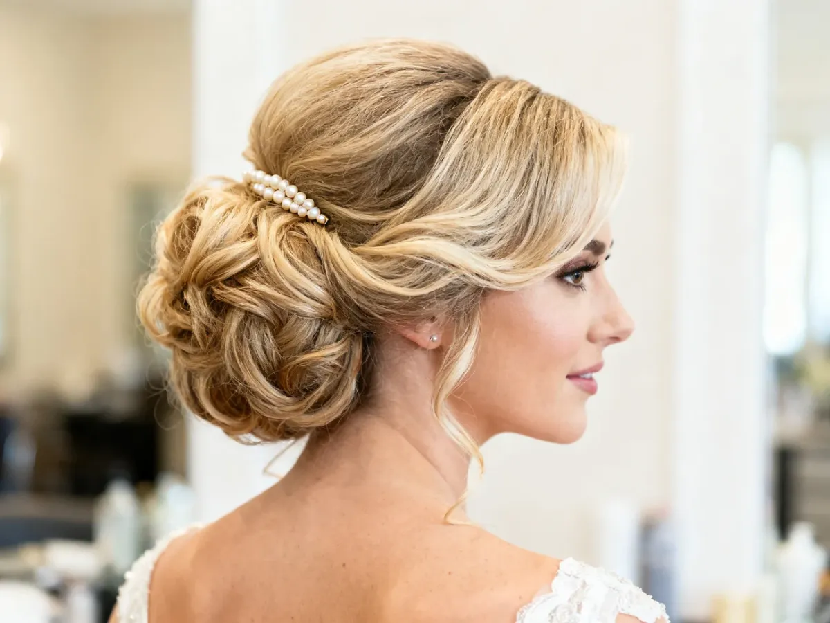 Elegancka fryzura weselna z objętością, miękkimi falami i perłową spinką