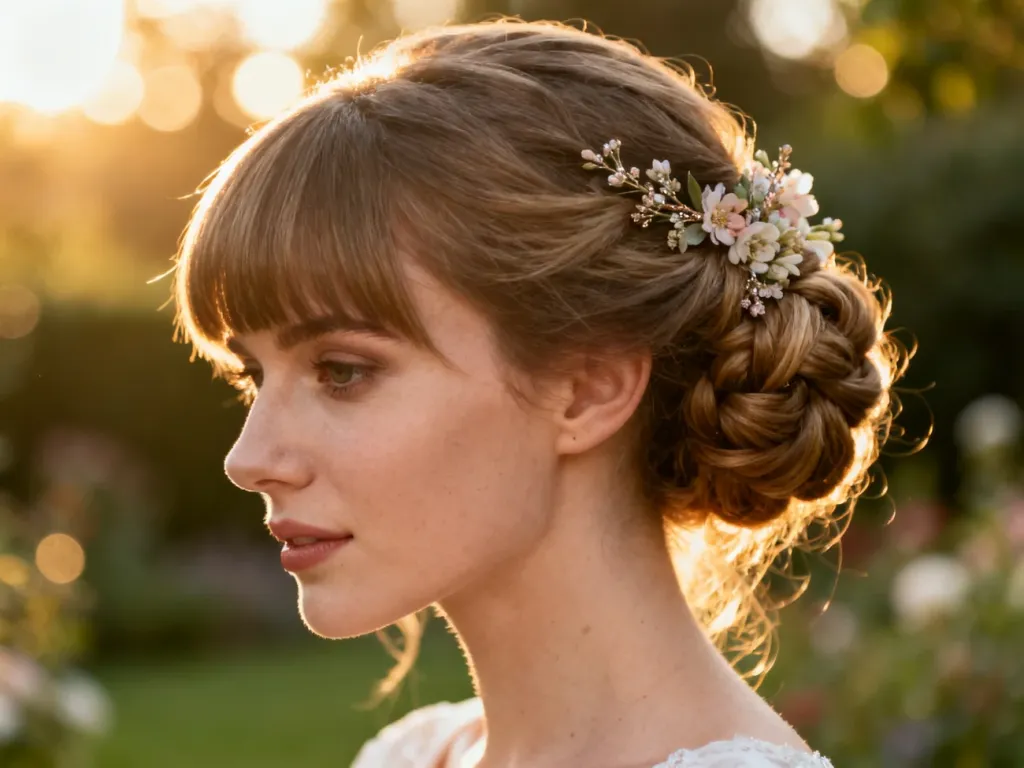 Eleganckie upięcie ślubne z grzywką zakrywającą czoło, ozdobione delikatnymi kwiatami w romantycznym ogrodzie.