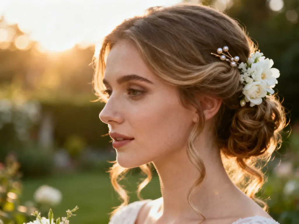 Eleganckie półupięcie ślubne z romantycznymi falami, ozdobione białymi kwiatami i perłami w słonecznym ogrodzie.