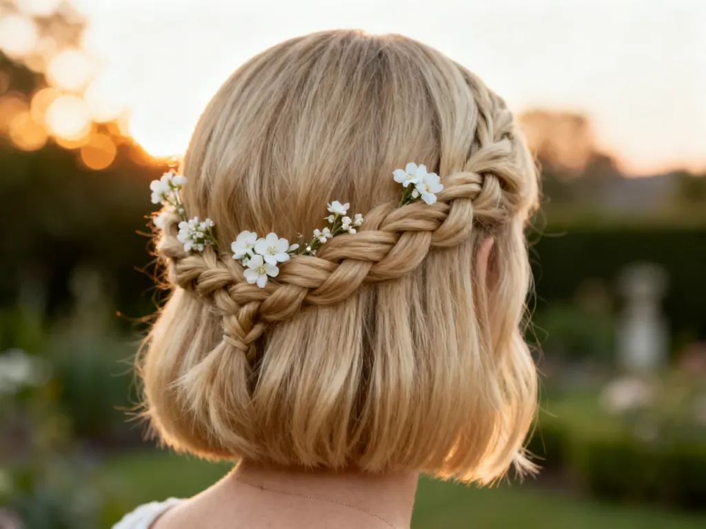 Elegancka fryzura ślubna z delikatnym warkoczem na krótkich blond włosach, ozdobiona drobnymi białymi kwiatami.