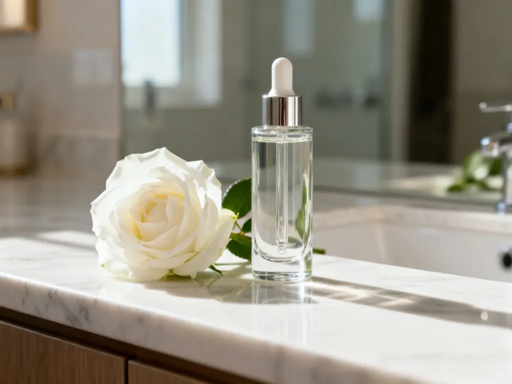 Elegancka buteleczka serum i biała róża na marmurowym blacie, symbolizujące profesjonalną pielęgnację skóry przed ślubem.
