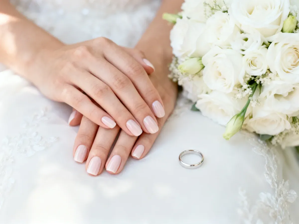 Dłonie panny młodej z delikatnym mlecznym manicure obok bukietu i obrączki