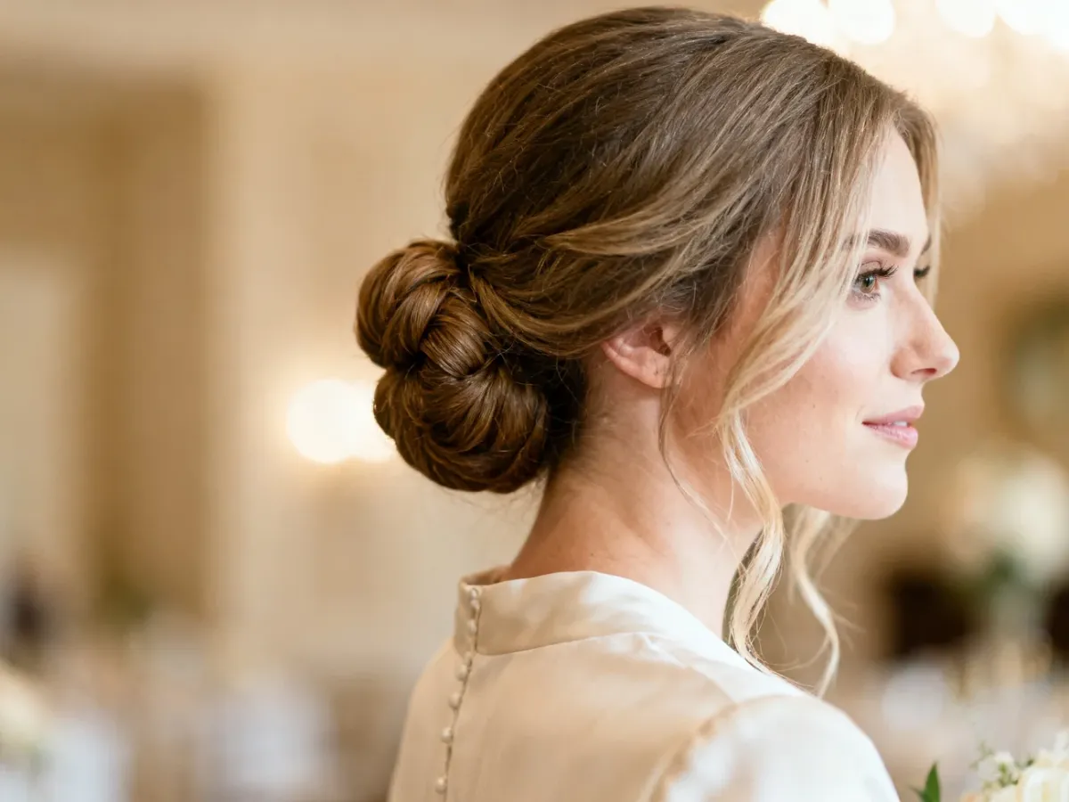 Eleganckie niskie upięcie z luźnymi pasmami przy twarzy
