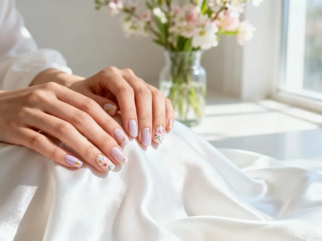 Elegancki manicure hybrydowy w pastelowych odcieniach z kwiatowym wzorem i złotymi akcentami na jasnym, jedwabnym tle.