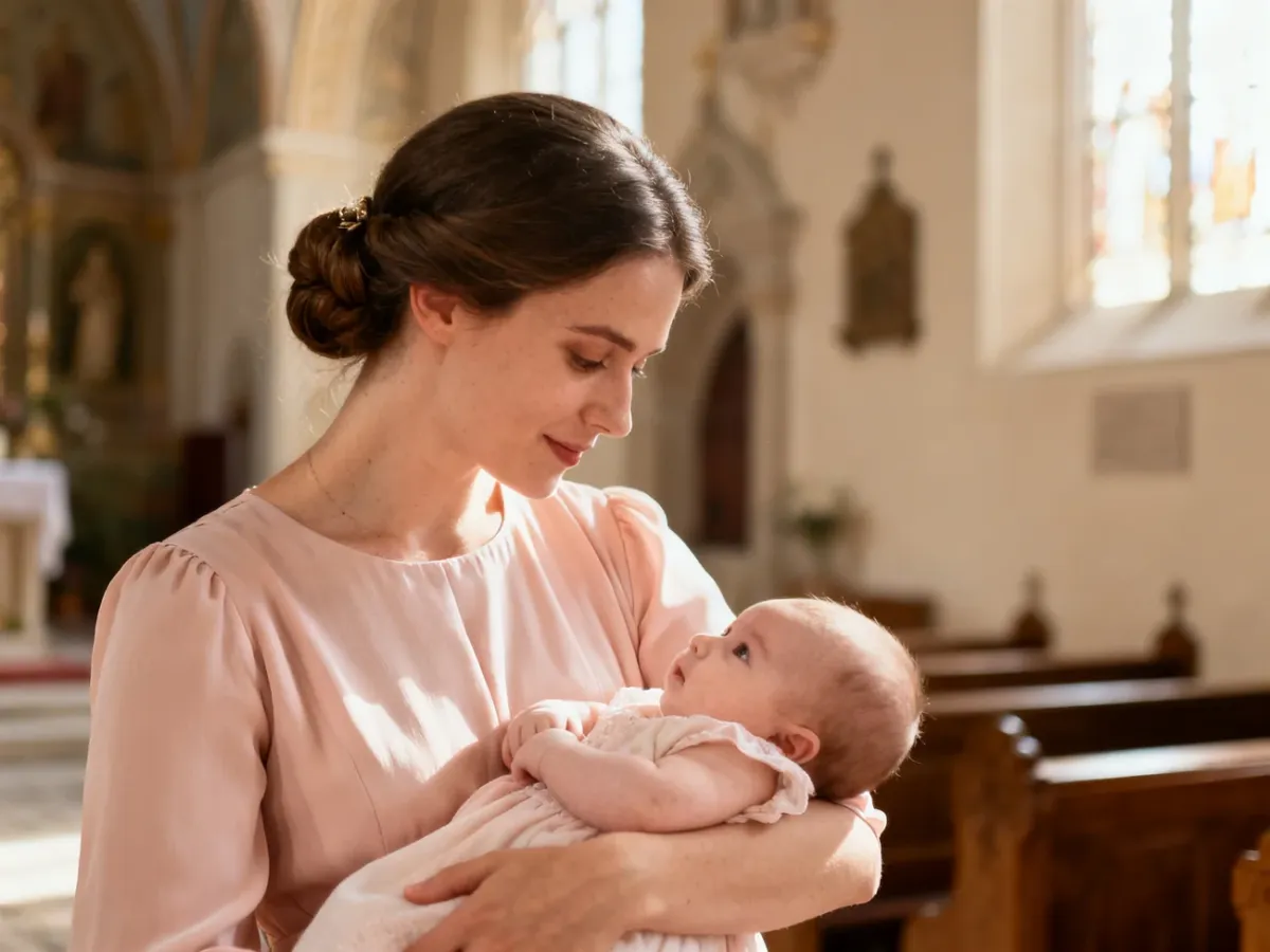 Mama z dzieckiem podczas chrztu w eleganckim niskim upięciu