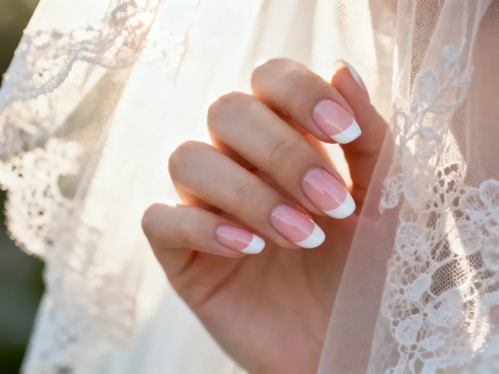 Elegancki ślubny manicure typu french na migdałowych paznokciach w romantycznym, jasnym otoczeniu.