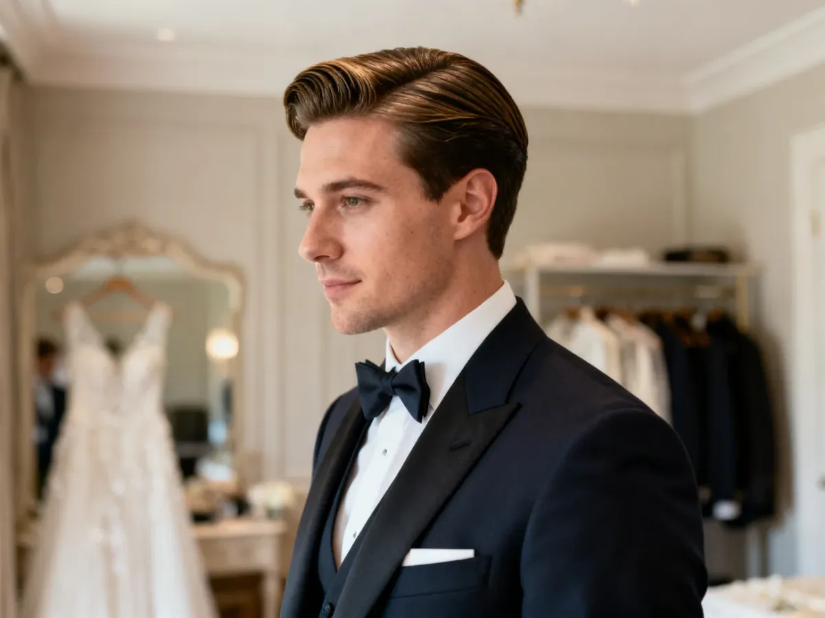 Pan młody w garniturze z elegancką fryzurą typu side part