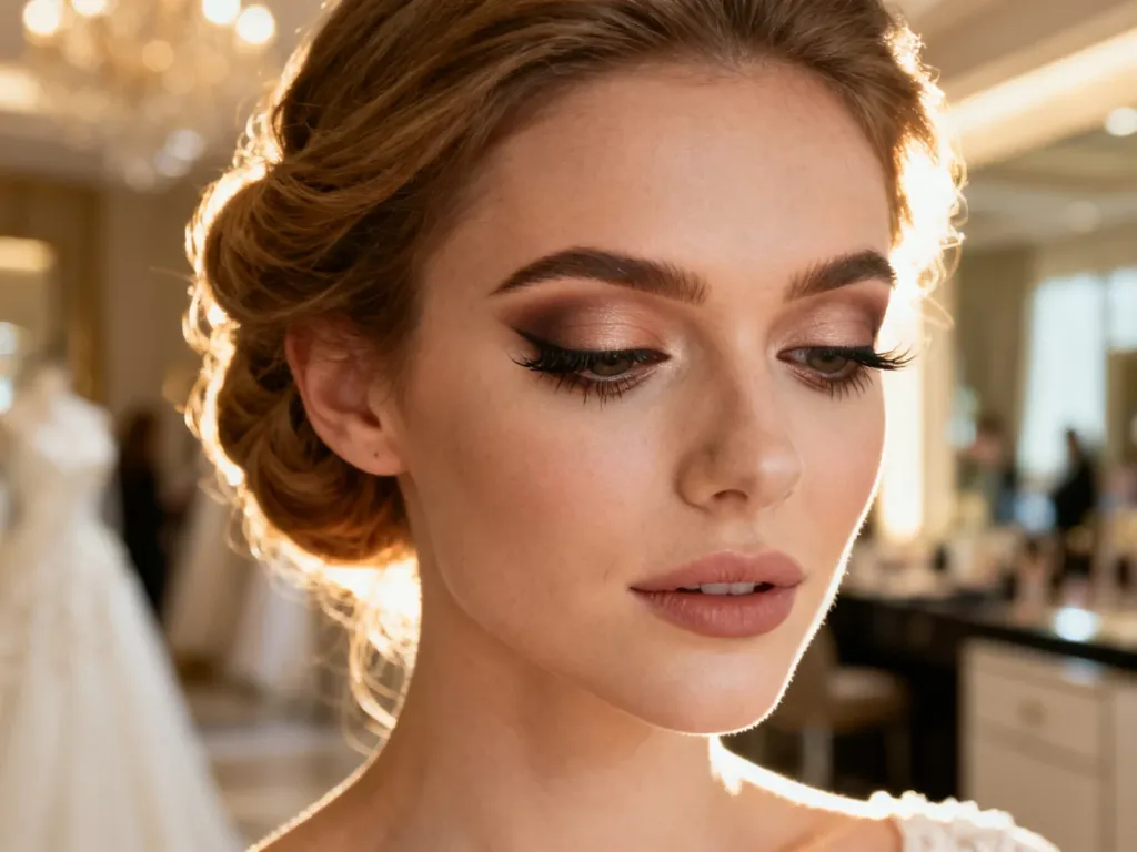 Elegancki makijaż ślubny z techniką cut-crease, optycznie unoszący opadającą powiekę w neutralnych odcieniach.