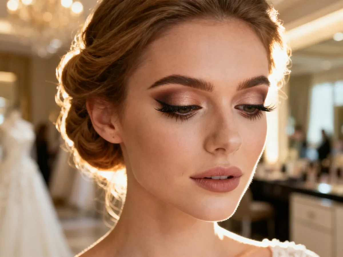 Elegancki makijaż ślubny z techniką cut-crease, optycznie unoszący opadającą powiekę w neutralnych odcieniach.