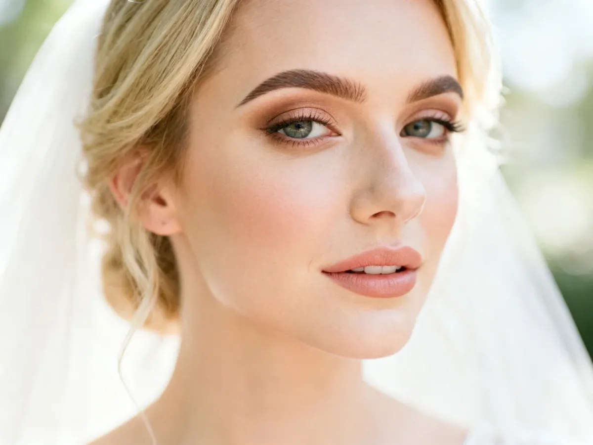 Blondynka w delikatnym, eleganckim makijażu ślubnym