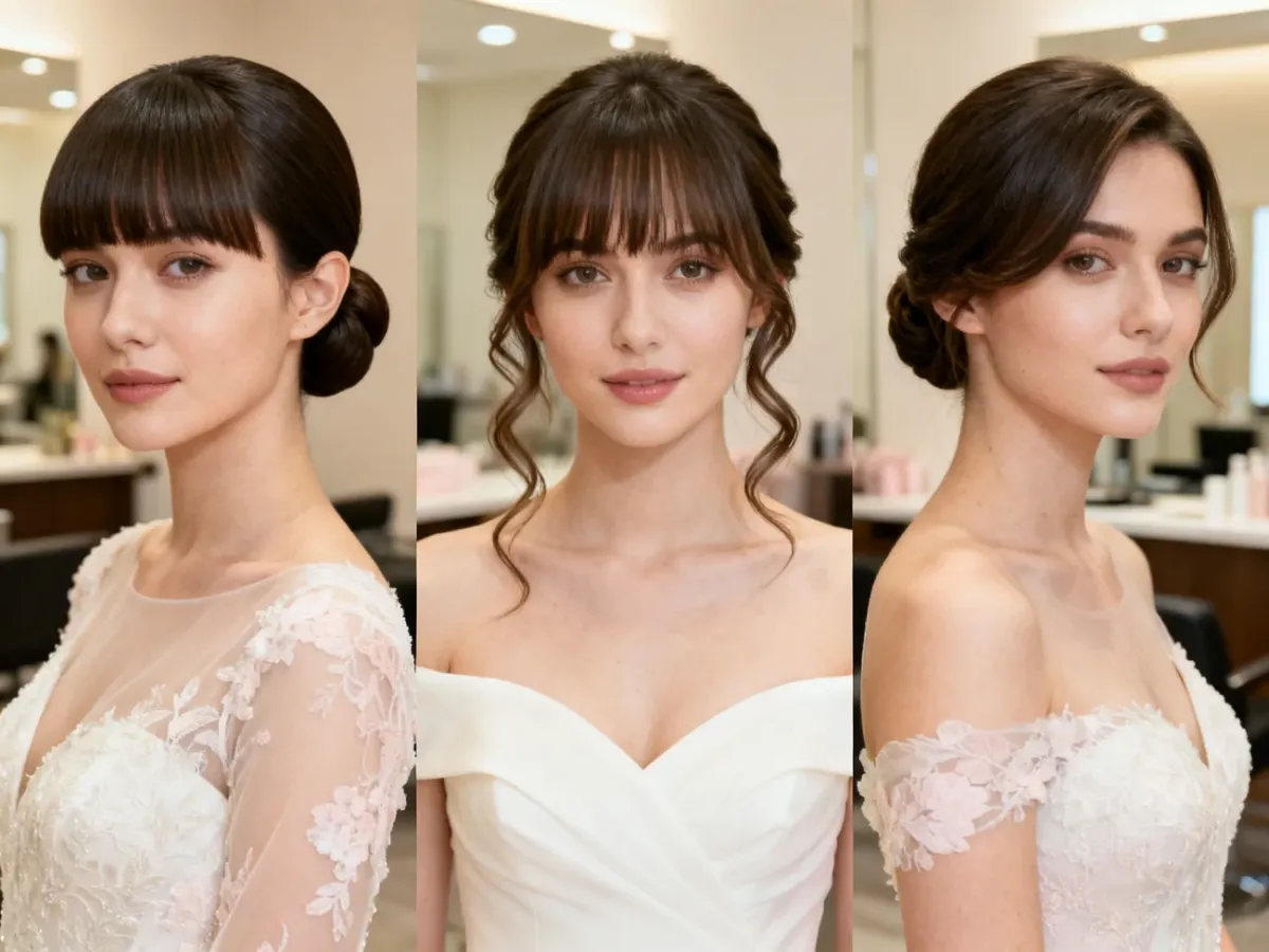 Eleganckie fryzury ślubne z prostą grzywką, curtain bangs i grzywką na bok