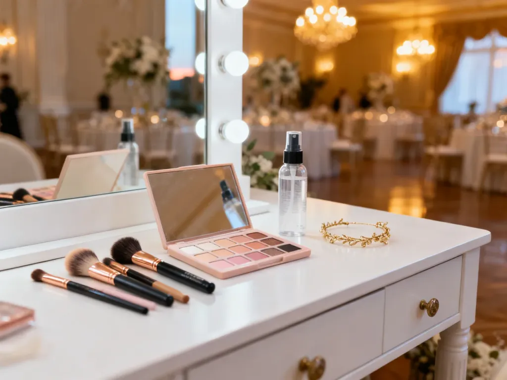 Profesjonalny zestaw kosmetyków i pędzli do makijażu na tle eleganckiej sali weselnej.
