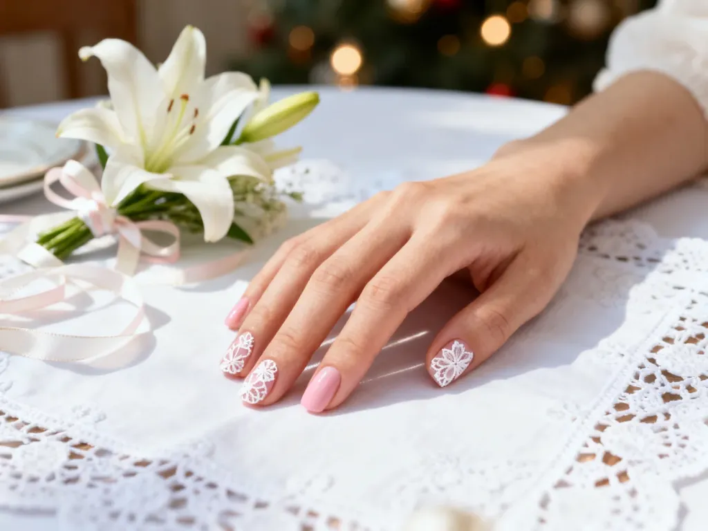 Elegancki manicure w pastelowym różu z delikatnym wzorem koronki, idealny na uroczystość Pierwszej Komunii.