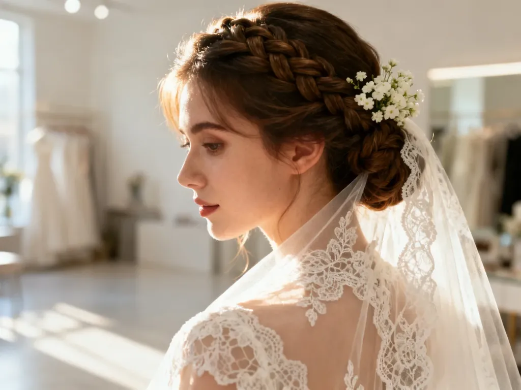 Eleganckie upięcie ślubne z warkoczem i drobnymi kwiatami, uzupełnione delikatnym koronkowym welonem.
