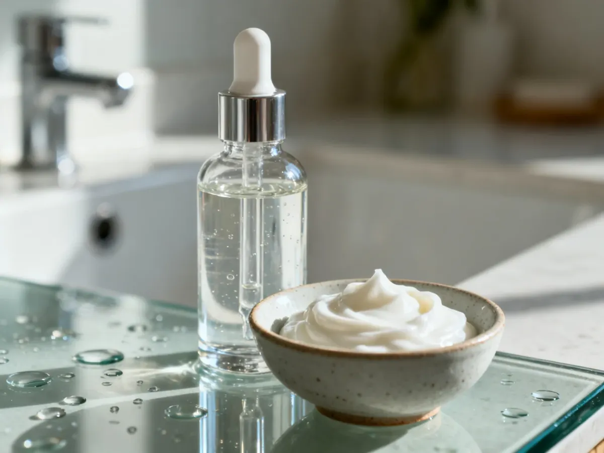 Serum w szklanej butelce z pipetą oraz gęsty krem w miseczce, ilustrujące łączenie humektantów z okluzją w pielęgnacji.