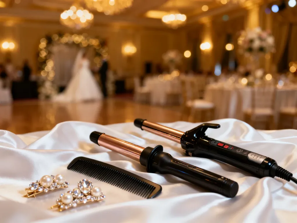Profesjonalne akcesoria fryzjerskie i ozdoby z perłami na tle eleganckiej sali weselnej.