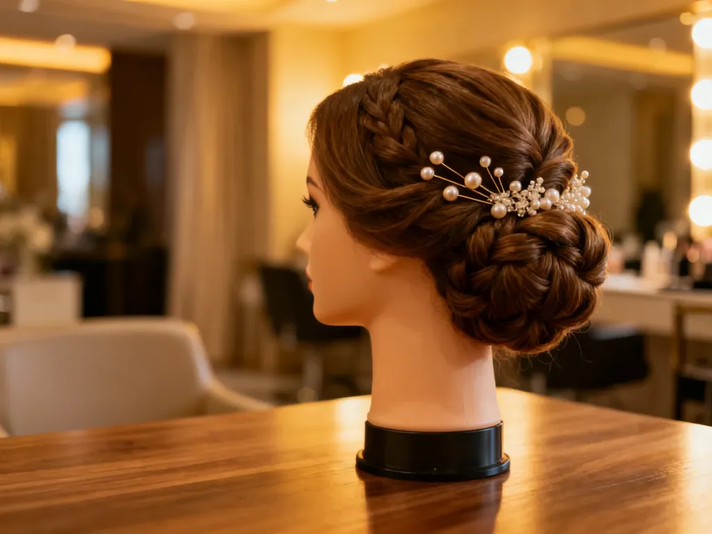 Eleganckie upięcie ślubne z perłami na głowie treningowej w luksusowym salonie fryzjerskim.