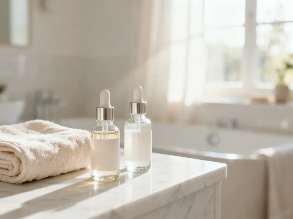 Eleganckie szklane buteleczki z serum na marmurowym blacie w jasnej, relaksującej łazience w stylu spa.