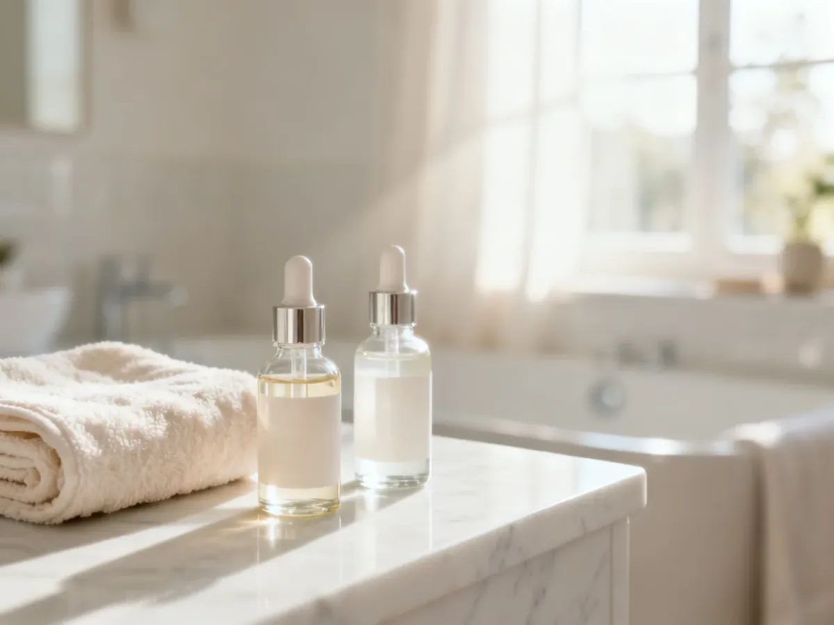 Eleganckie szklane buteleczki z serum na marmurowym blacie w jasnej, relaksującej łazience w stylu spa.