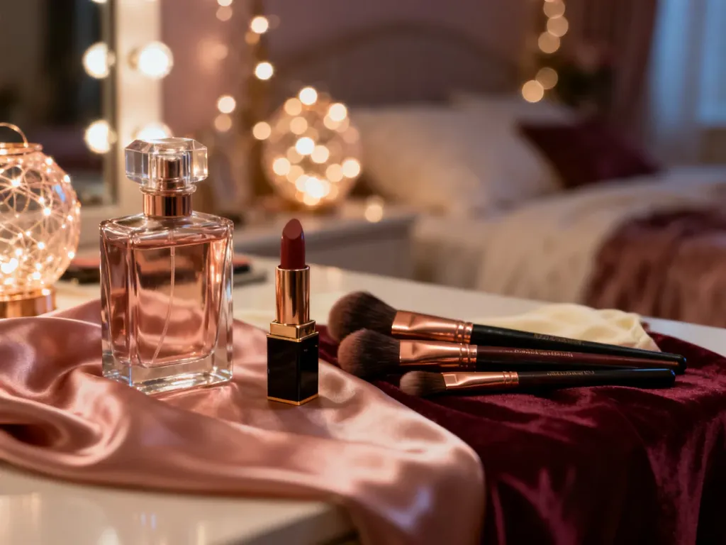 Eleganckie kosmetyki i perfumy na toaletce w romantycznym, nastrojowym oświetleniu, idealne do przygotowań na rocznicę ślubu.