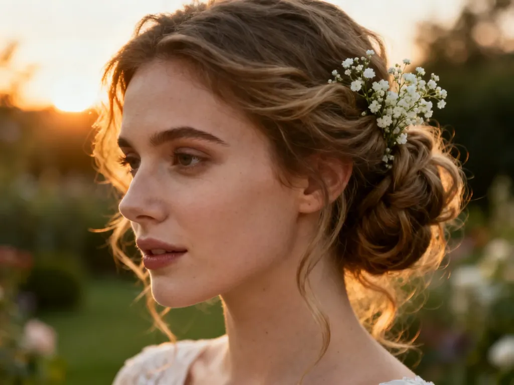 Eleganckie, luźne upięcie ślubne z delikatnymi kwiatami gipsówki w romantycznej scenerii o zachodzie słońca.