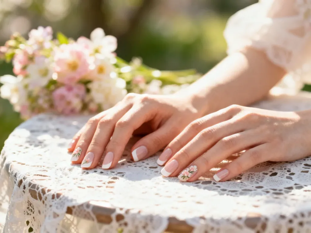 Elegancki francuski manicure z delikatnym kwiatowym zdobieniem na tle koronkowej serwety i wiosennych kwiatów.