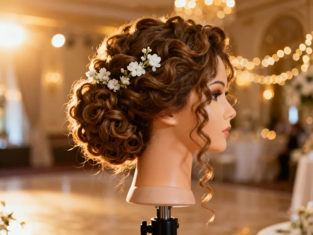 Eleganckie upięcie ślubne z naturalnych loków ozdobione białymi kwiatami na manekinie w weselnej scenerii.