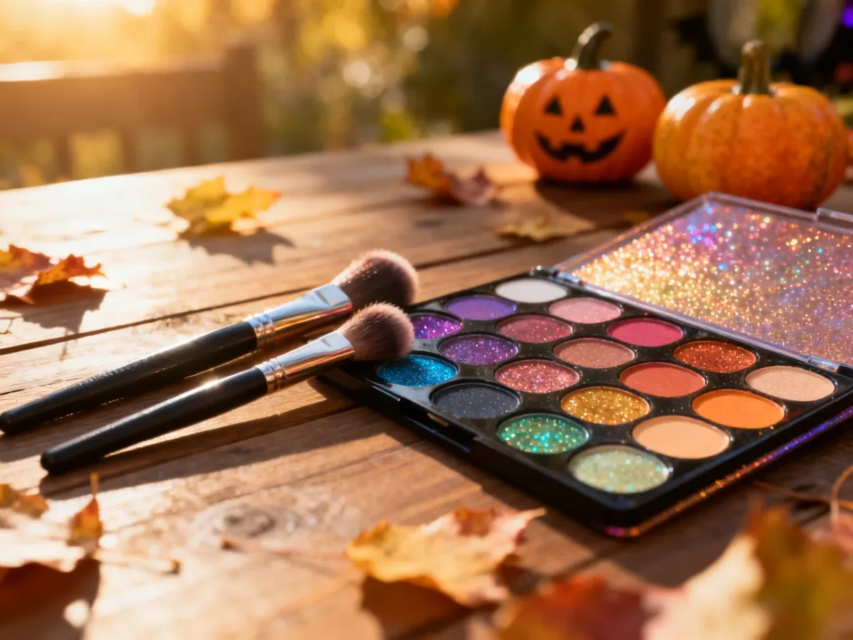 Zestaw kolorowych farb do twarzy, pędzli i brokatu na drewnianym stole, przygotowany do wykonania makijażu na Halloween.