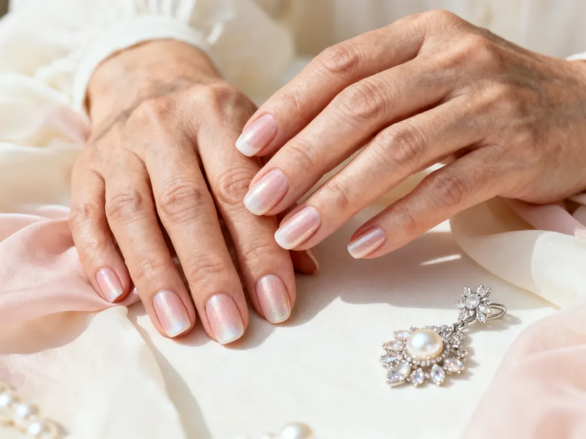 Dojrzałe dłonie z eleganckim, subtelnym manicure w jasnych odcieniach nude i mlecznego różu