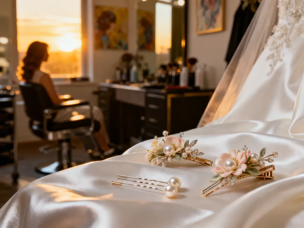 Eleganckie perłowe wsuwki i kwiatowe ozdoby do włosów na białym jedwabiu, idealne do ślubnych stylizacji krótkich fryzur.