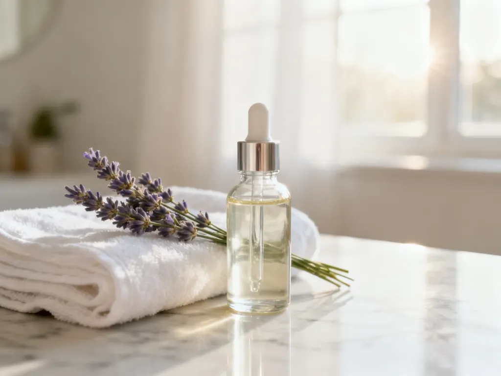 Szklana buteleczka z organicznym serum do twarzy, gałązka lawendy i biały lniany ręcznik na marmurowym blacie.