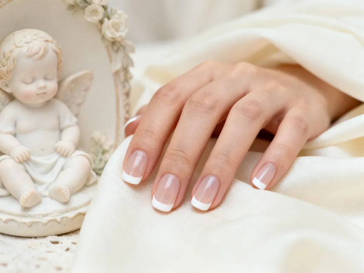 Krótki klasyczny french manicure na tle jasnej, eleganckiej aranżacji