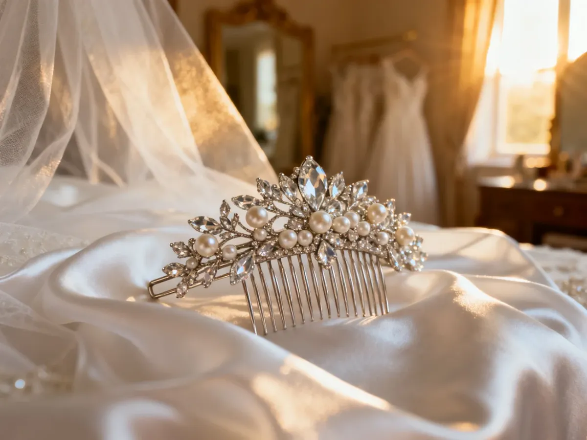 Elegancka ozdoba ślubna z kryształami i perłami na białym welonie, podkreślająca luksusowy charakter fryzury glamour.