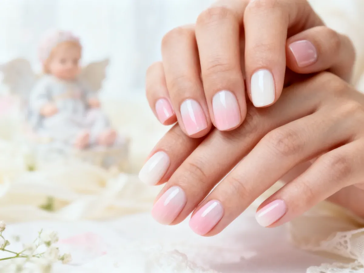 Krótki manicure baby boomer w mleczno-różowej tonacji